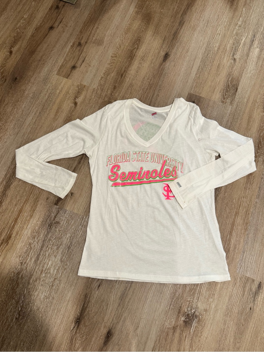Soffe White Long-Sleeve V-Neck Tee with Pink Seminoles Logo